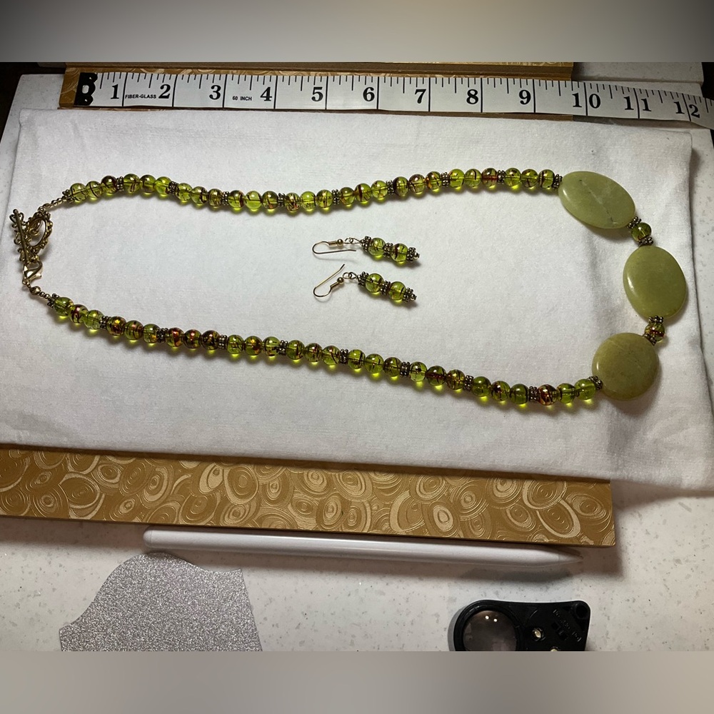 Uranium Vintage Glass Necklace/ earrings (art deco)